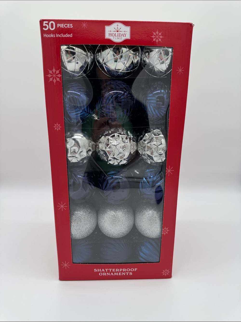 Holiday Time Silver and Blue Shatterproof Holiday Ornaments - 50 Pack